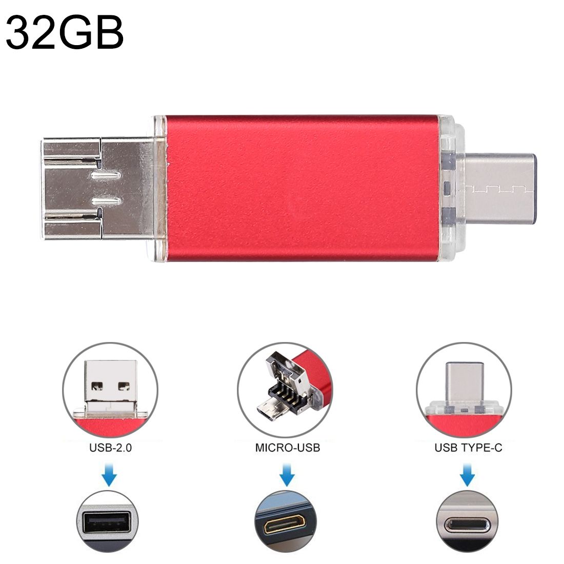 32GB 3 In 1 USB-C / Type-C + USB 2.0 + OTG Flash Disk, For Type-C Smartphones & PC Computer (Red)