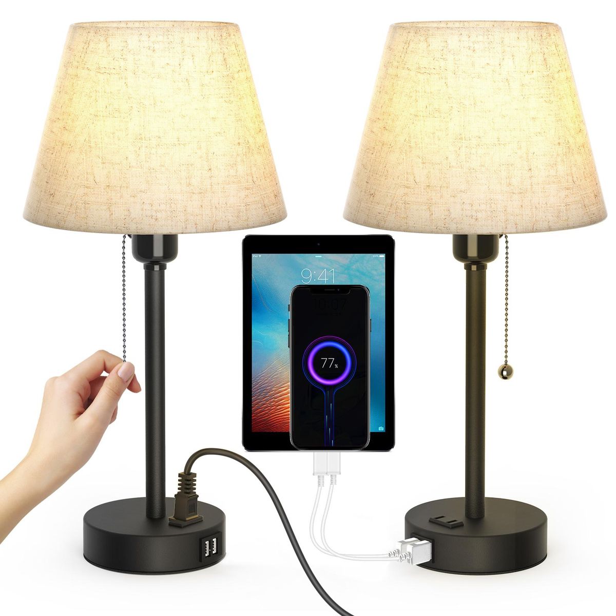 Neoglint Bedside Table Lamp Desk Light Nightstand Lamp Dual USB and Socket Pull Zipper Switch Design for Bedroom Dorm Living Room