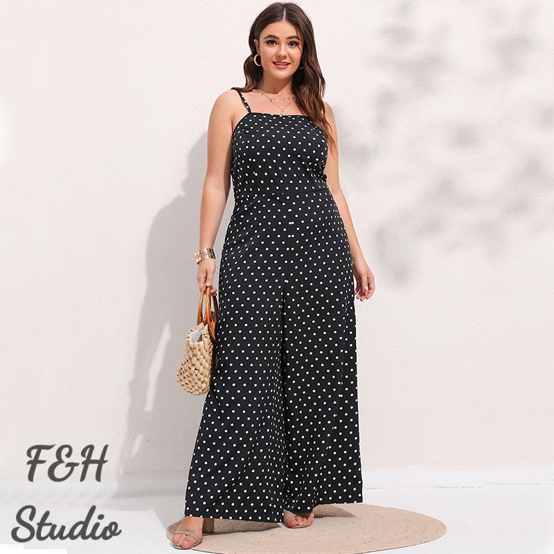 3566 L-4XL Plus Size Polka Dot Jumpsuit With Curves Navy