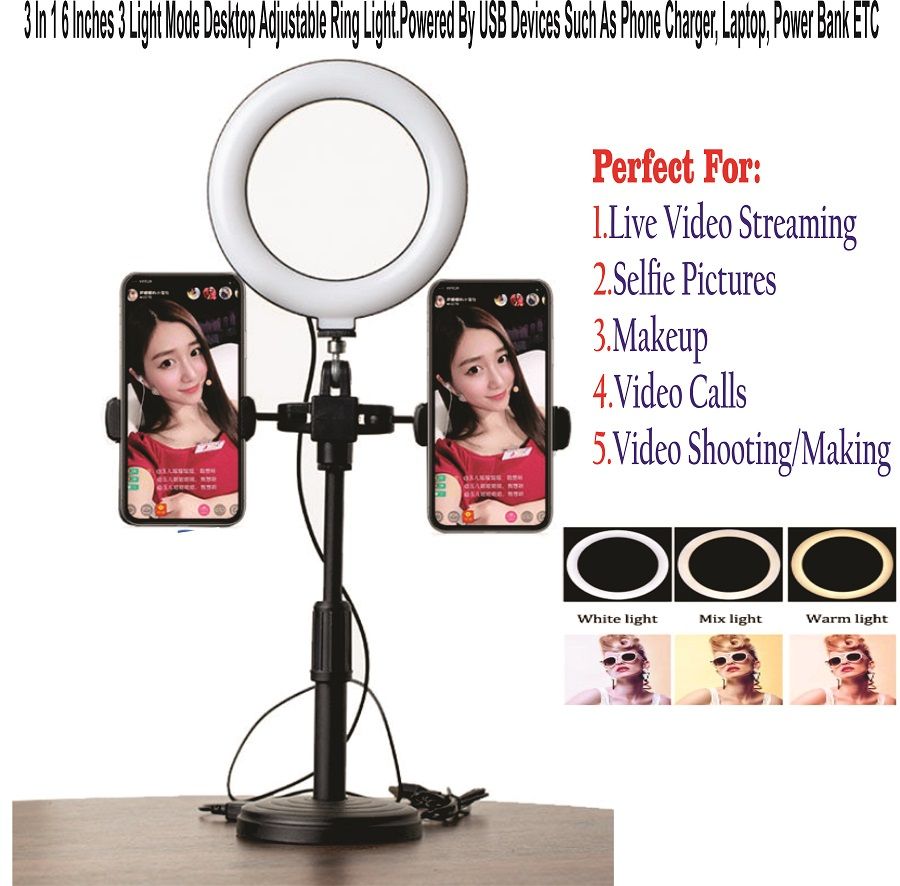 3 In 1 6 Inches 3 Light Mode Desktop Adjustable Ring Light.Powered By USB Phone Charger,Laptop,Power Bank
