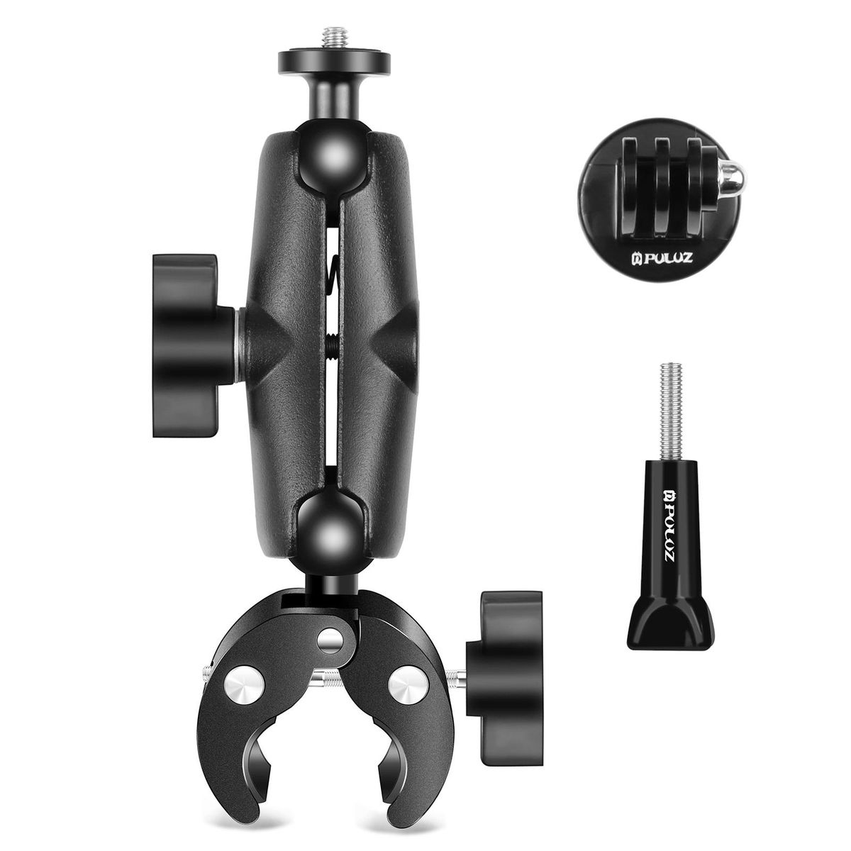 PULUZ PU909B Motorcycle Clamp Bicycle Handlebar Super Clamp Mount Dual 360° Rotatable Ball Head with Sports Camera Mount Adapter & 1/4 Inch Screw Mount Adapter Replacement for GoPro iPhone Insta360 X3/X2