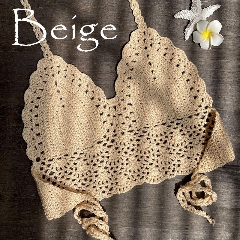 New Triangle Bikini Top Woman Hollow Out Swimsuit Crochet Bikini Top Swimming Bra Large Female Swimwear Beige KIP