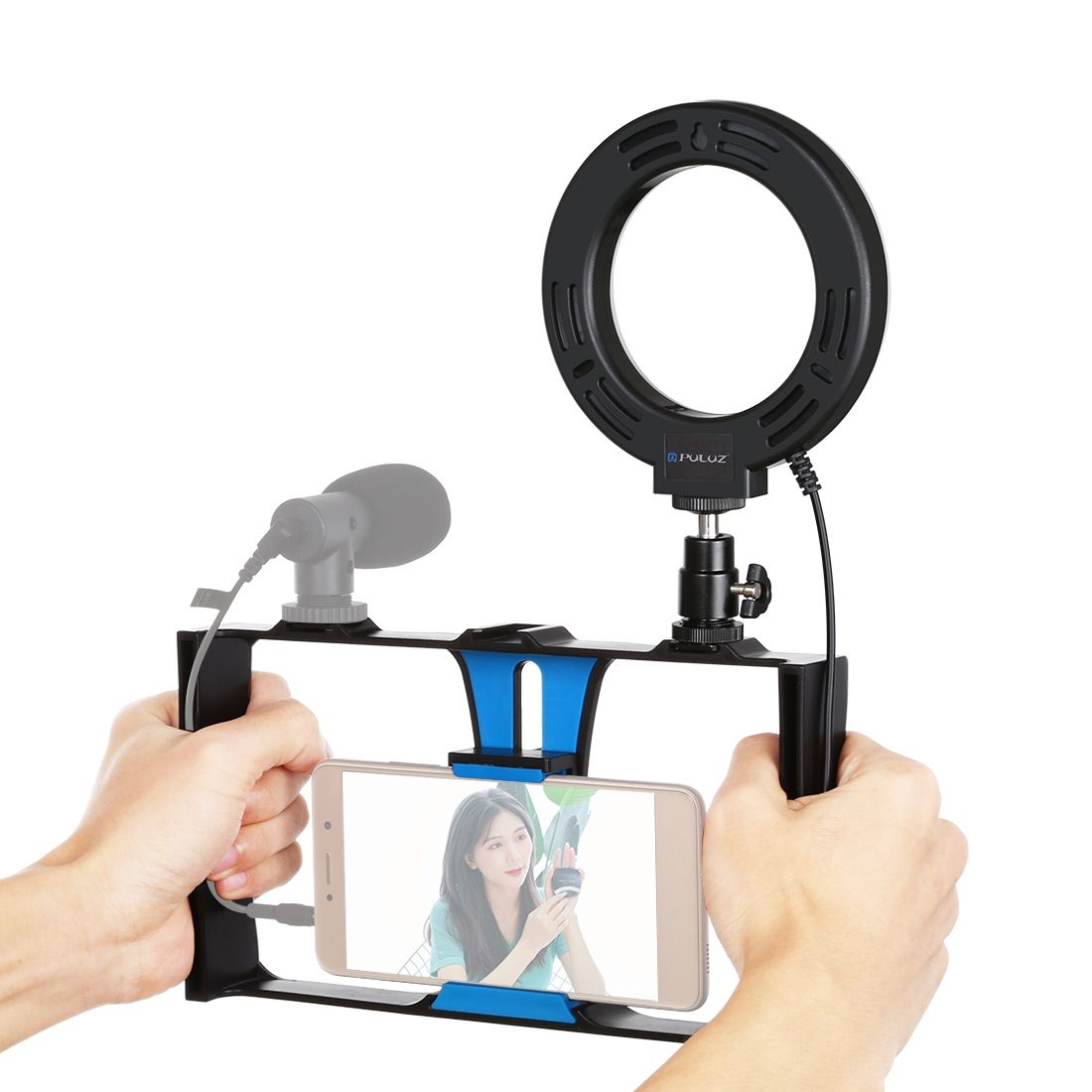 PULUZ 2 In 1 Vlogging Live Broadcast Smartphone Video Rig + 4.7 Inch 12cm Ring LED Selfie Light Kits With Cold Shoe Tripod Head For IPhone, Galaxy, Huawei, Xiaomi, HTC, LG, Google, And Other Smartphones(Blue)