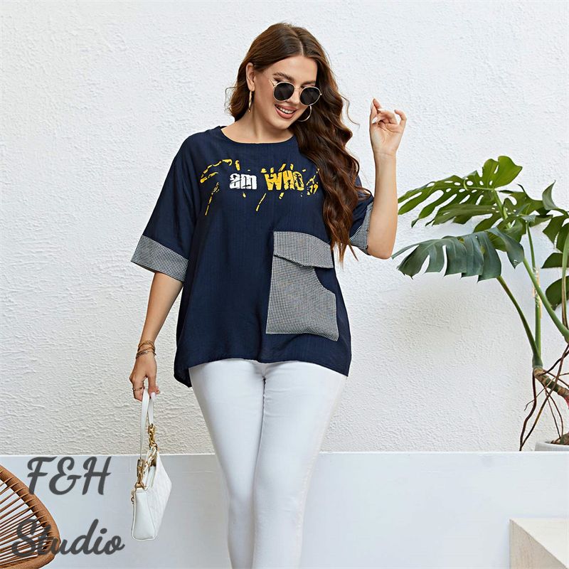 F&H 3324 XL-3XL Women Plus Size Checkered Pocket Summer Blouse Blue