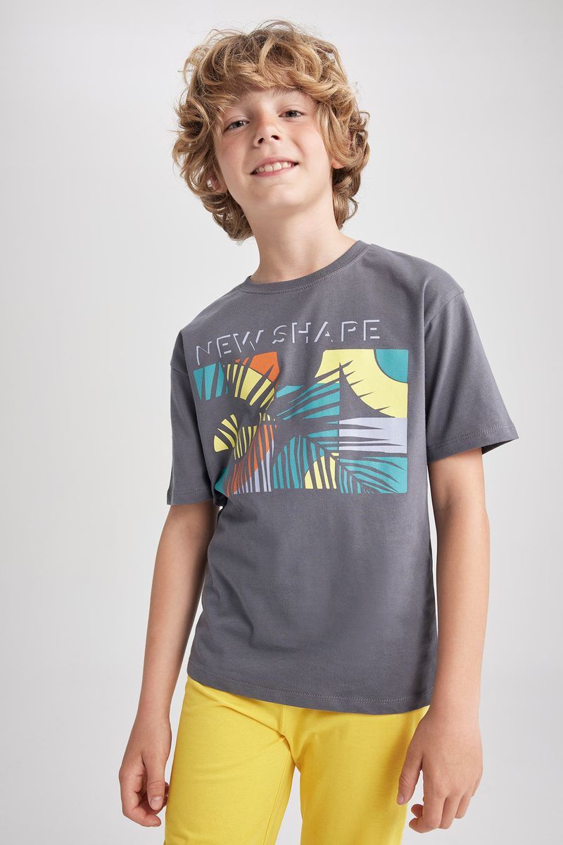 Boy Casual Oversize Fit Crew Neck Knitted Short Sleeve T-Shirt - Grey