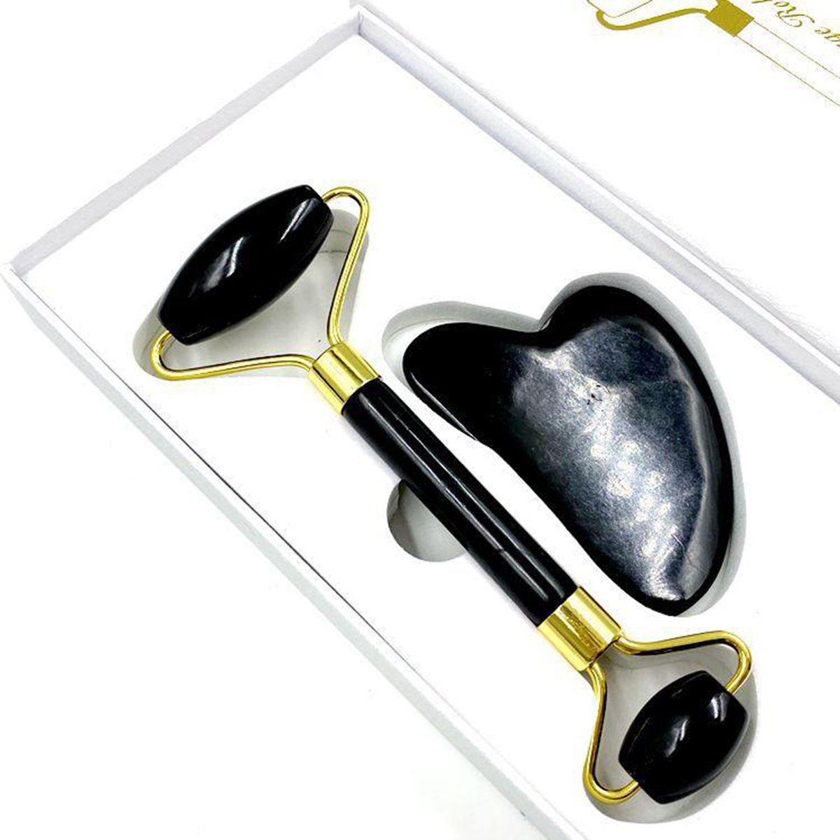 Double Heads Jade Face Roller Gua Sha Tool Set For Skin Lift  Black