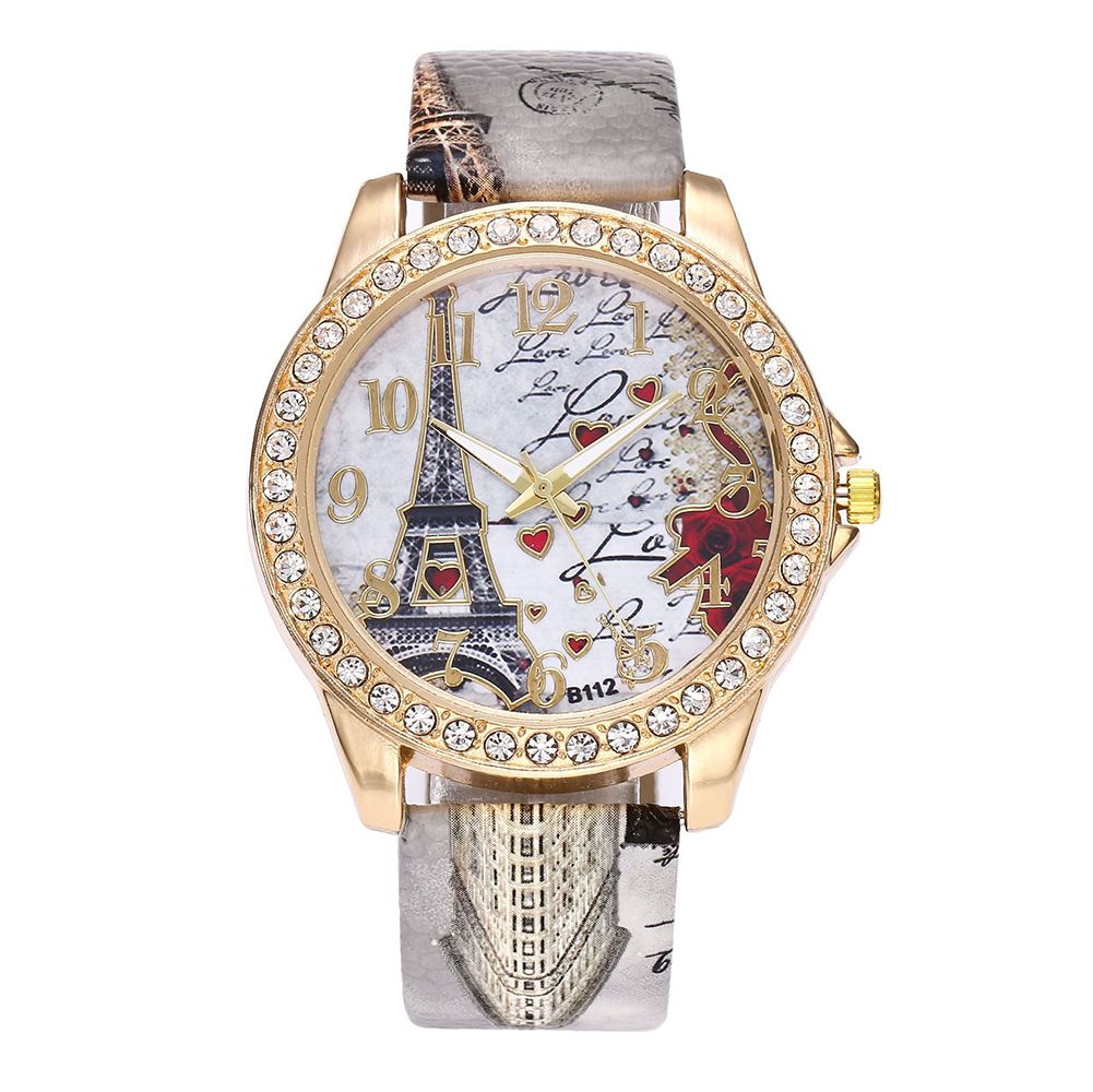 Women Eiffel Tower Rhinestone Faux Leather Strap Round-Grey