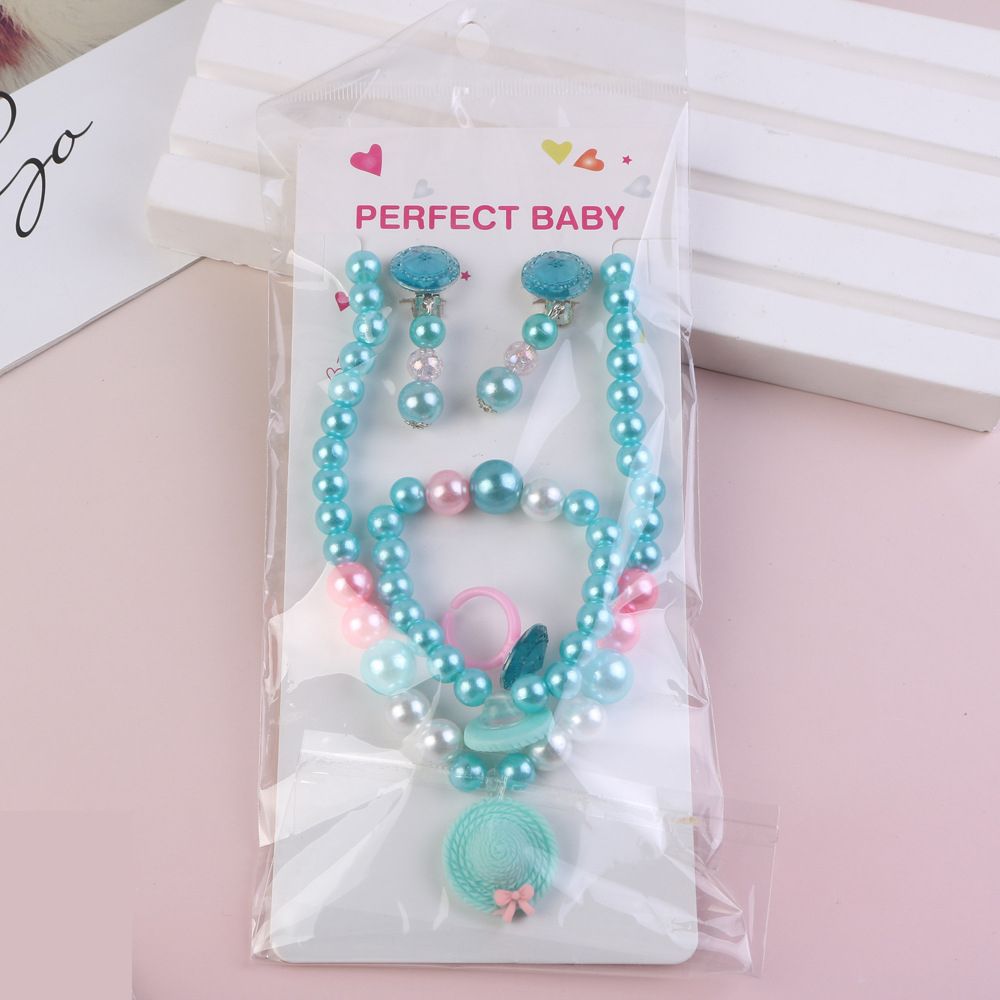 Children's Necklace Imitation Pearl Pink Beads Flower Necklace Ring Earring Let