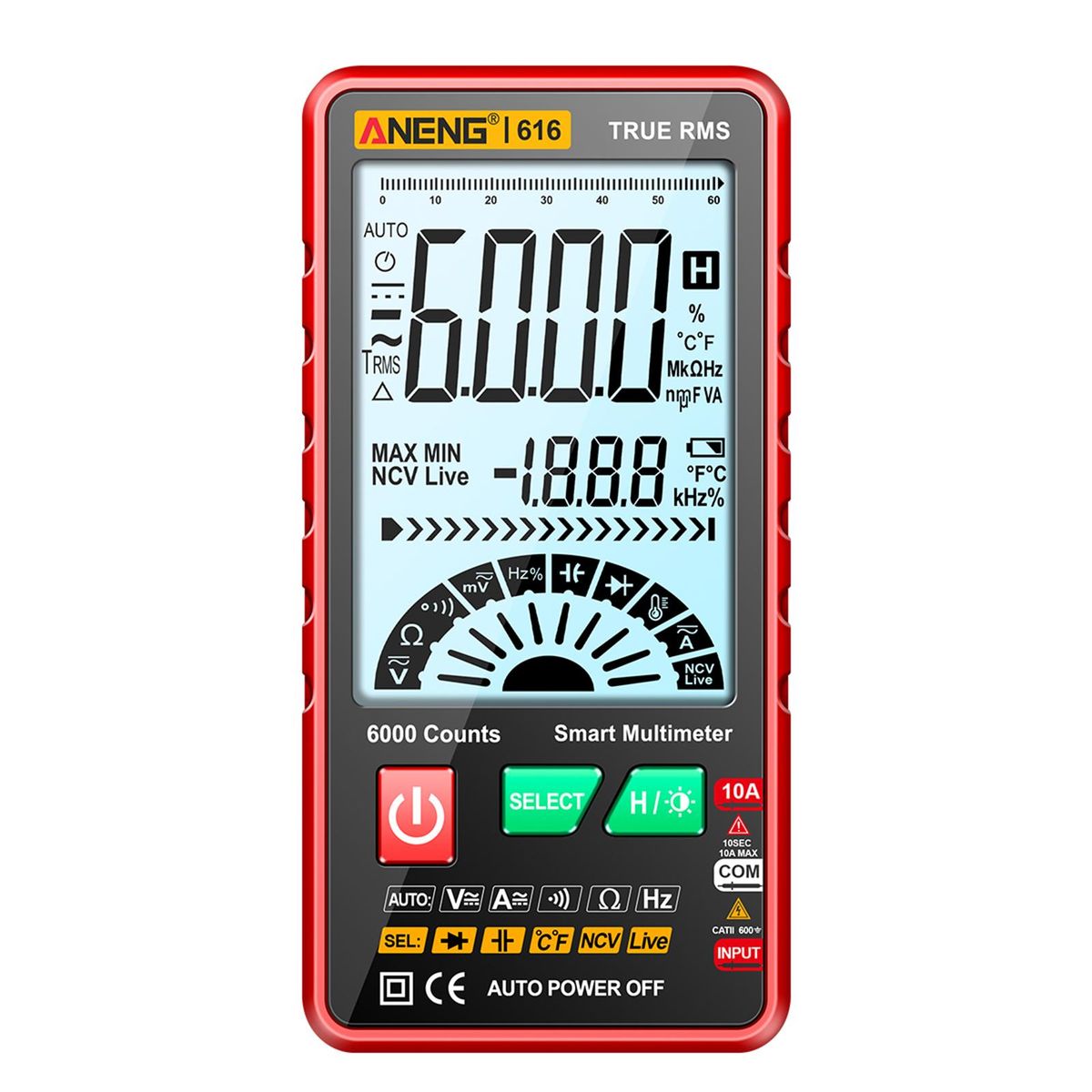 ANENG 616 Smart Digital Multimeter Auto Range 6,000 Counts NCV Universal Meter True RMS Handheld Multifunctional Tester Voltmeter Ammeter with Backlight Flashlight AC/DC Voltage & Current Resistance Capacitance Frequency Meas
