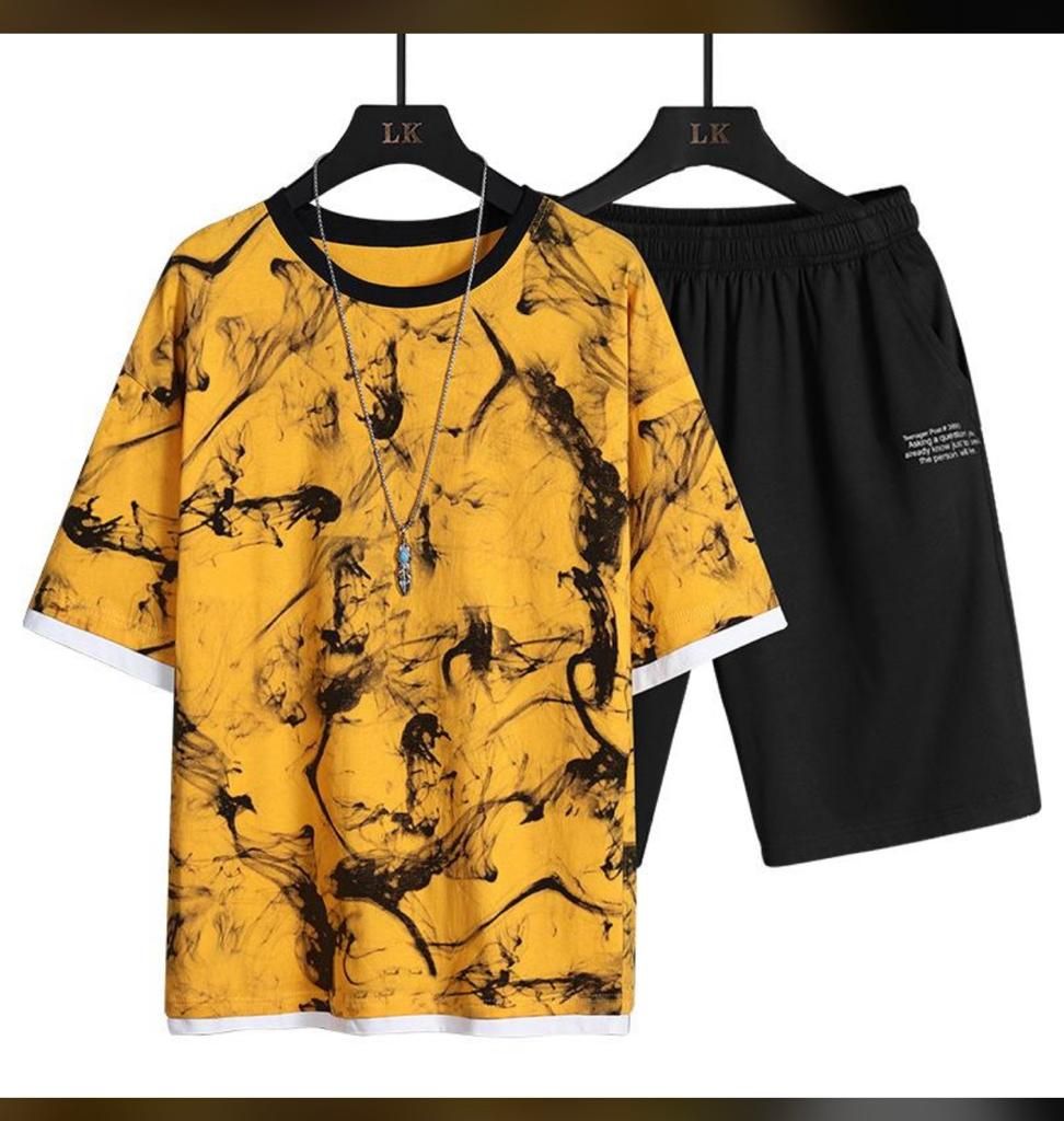 2 In 1 Men's Beach Wear Summer Top & Short Casual Sets- Yellow