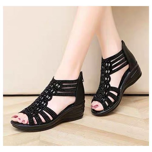 Women Soft Wedge Lady Open Toe Low Heel Sandals-Black