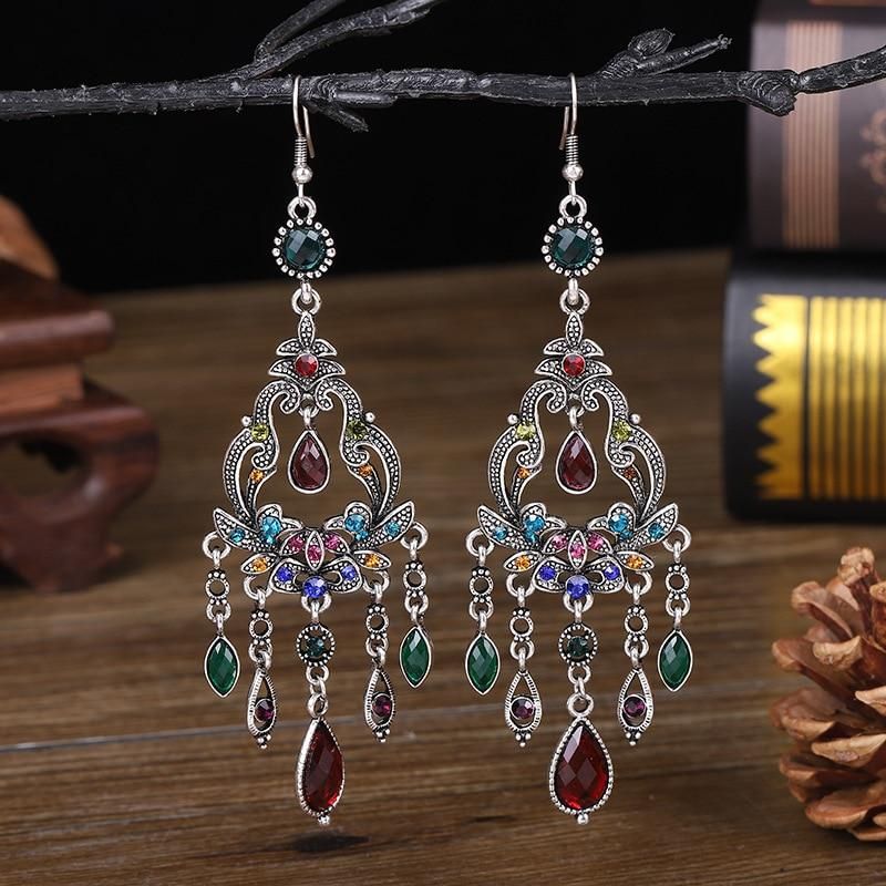 Vintage Ethnic Long Water Drop Tassel Earrings for Women Boho Colorful Hollow Flower Rhinestone Crystal Dangle Earrings Jewelry