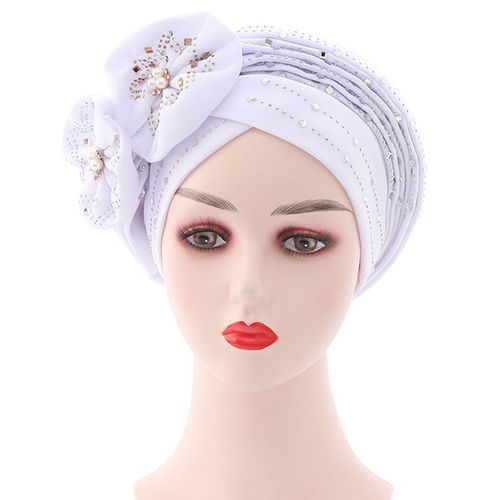 Solid Color Pre-Tied Cross Wrap Turban Beanie Flower-White