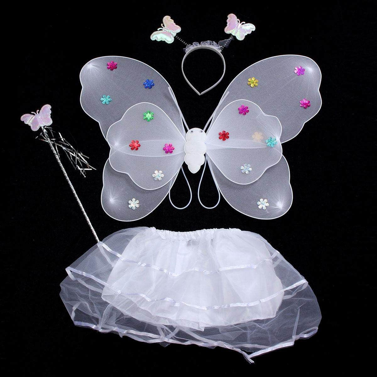 4Pcs/Set Fairy Princess Butterfly Party Costume Wings Wand Headband Skirt Dress White White