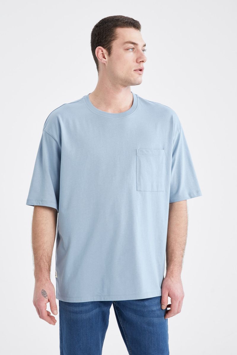 Man - Crew Neck Short Sleeve Oversize Fit Knitted T-Shirt-Blue