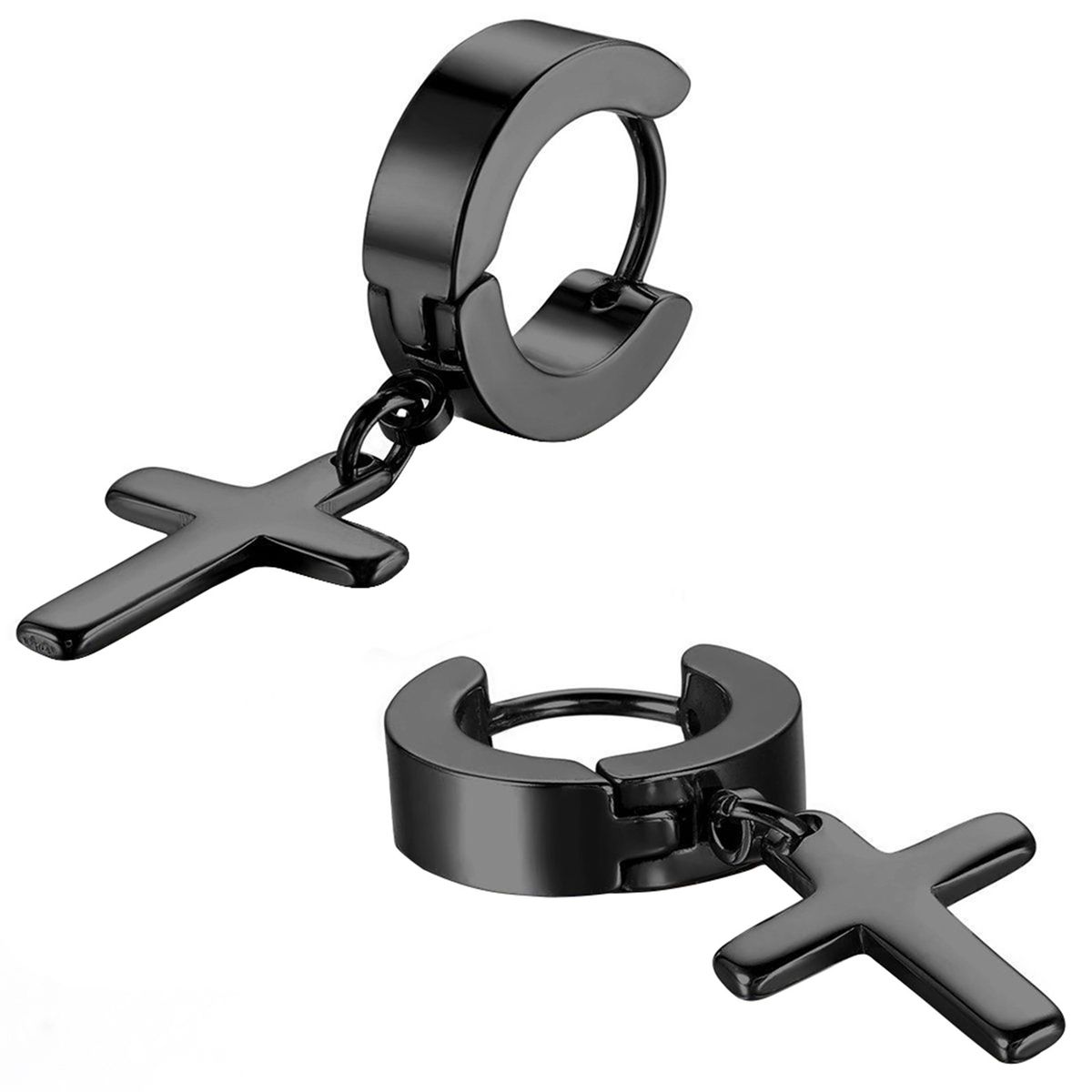 1 Pair Ear Dangle Cross Pendant Eco-friendly Stainless Steel Huggie Hinged Hoop Earrings For Men-Black