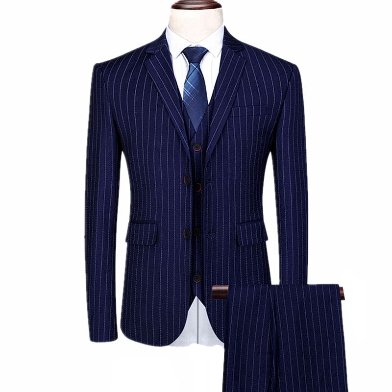 Men's Striped Suit Business Terno Masculino Jacket And Pants Vest Costume Homme 1898 Blue