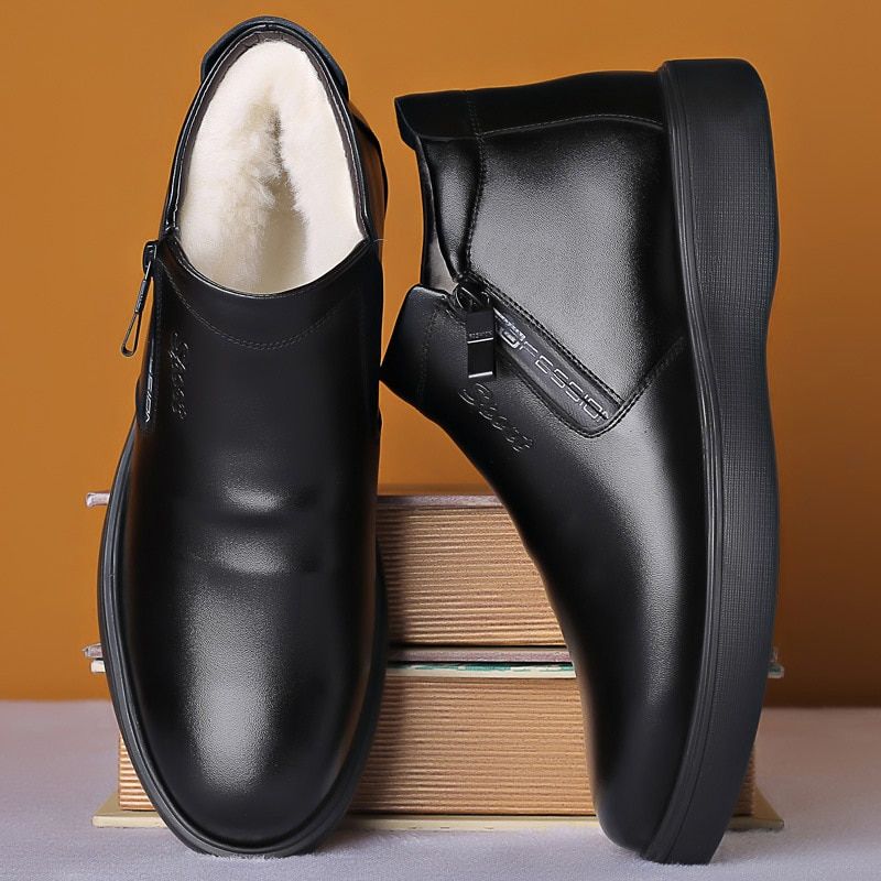 Men Autumn Genuine Leather Boots With Fur Winter Men Fashion Ankle Boots-Black