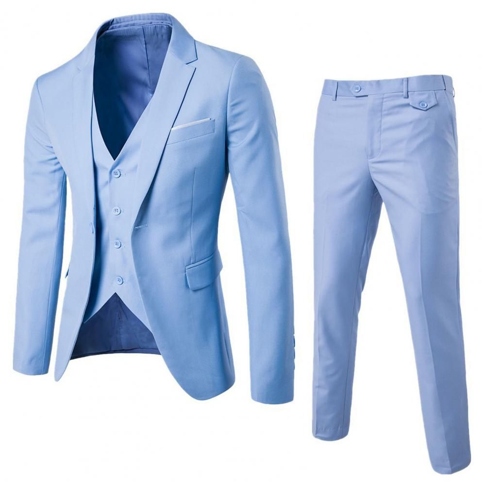 Men Wedding Suit Slim Business Office Pants Single-breasted Male Korean Style Jacket Zipper Fly Trousers Light Blue