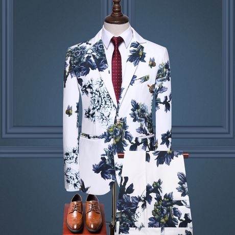 (White)(Jackets+Pants)Tuxedo Men High Quality Pure Cotton Business Suit/Male Slim Printing Groom Wedding Dress Man Leisure Blazers RA