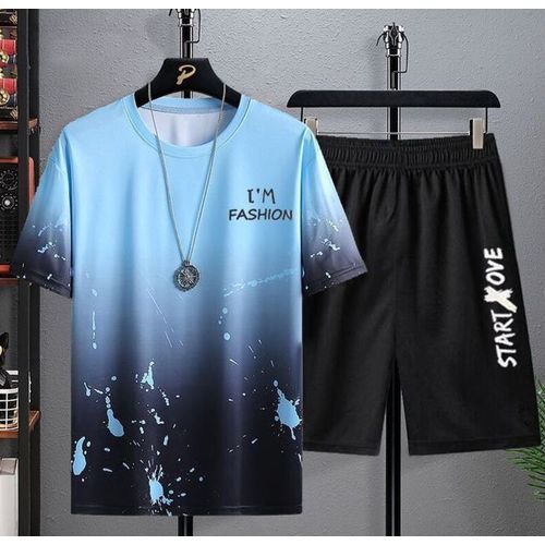 2 Pieces 2 In 1 Men's Ice Silk Short Sleeve Suit - Blue Gradient