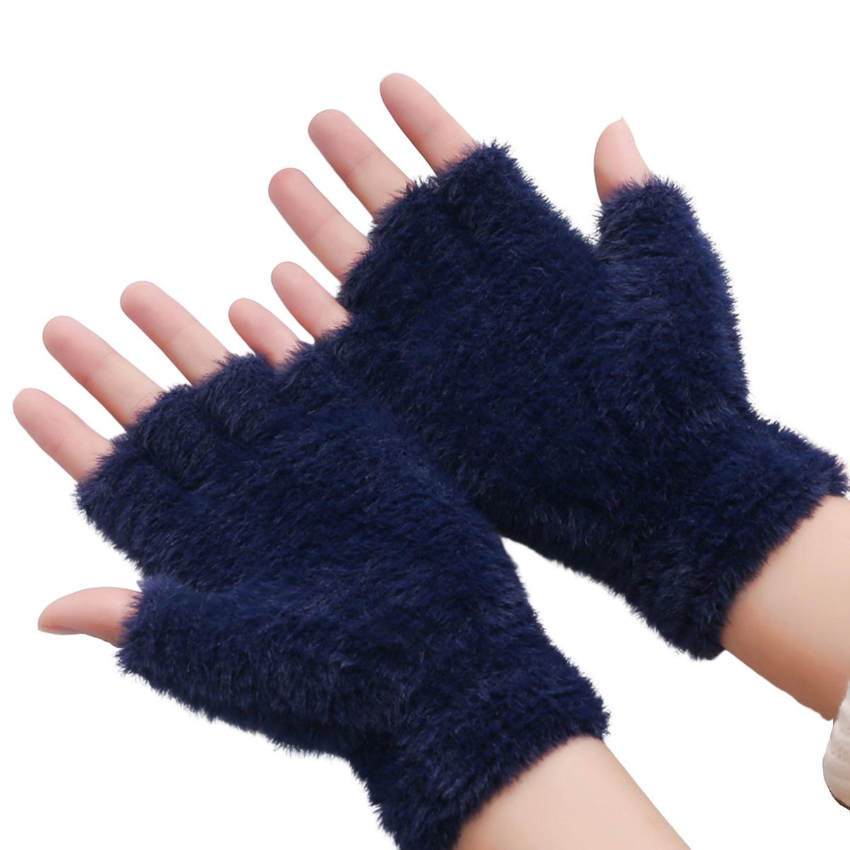 1 Pair Half Finger Winter Warm Fluffy Plush Women Navy Blue
