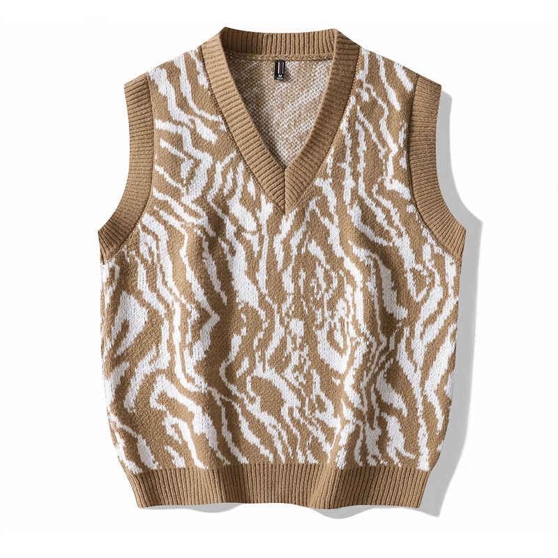 Men Knit Sleeveless Vest Fashion Men's Oversize Knitted Pullover V-Khaki