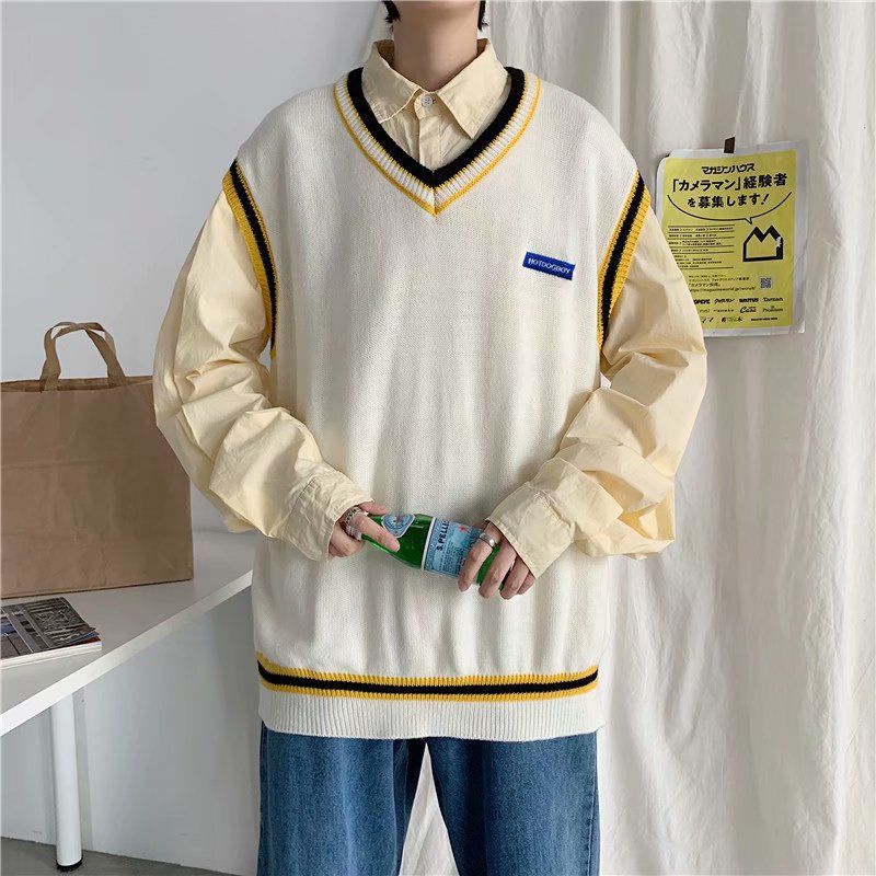 Men's V-neck Wool Vest Sweater Soft Autumn Spring Sleeveless-White