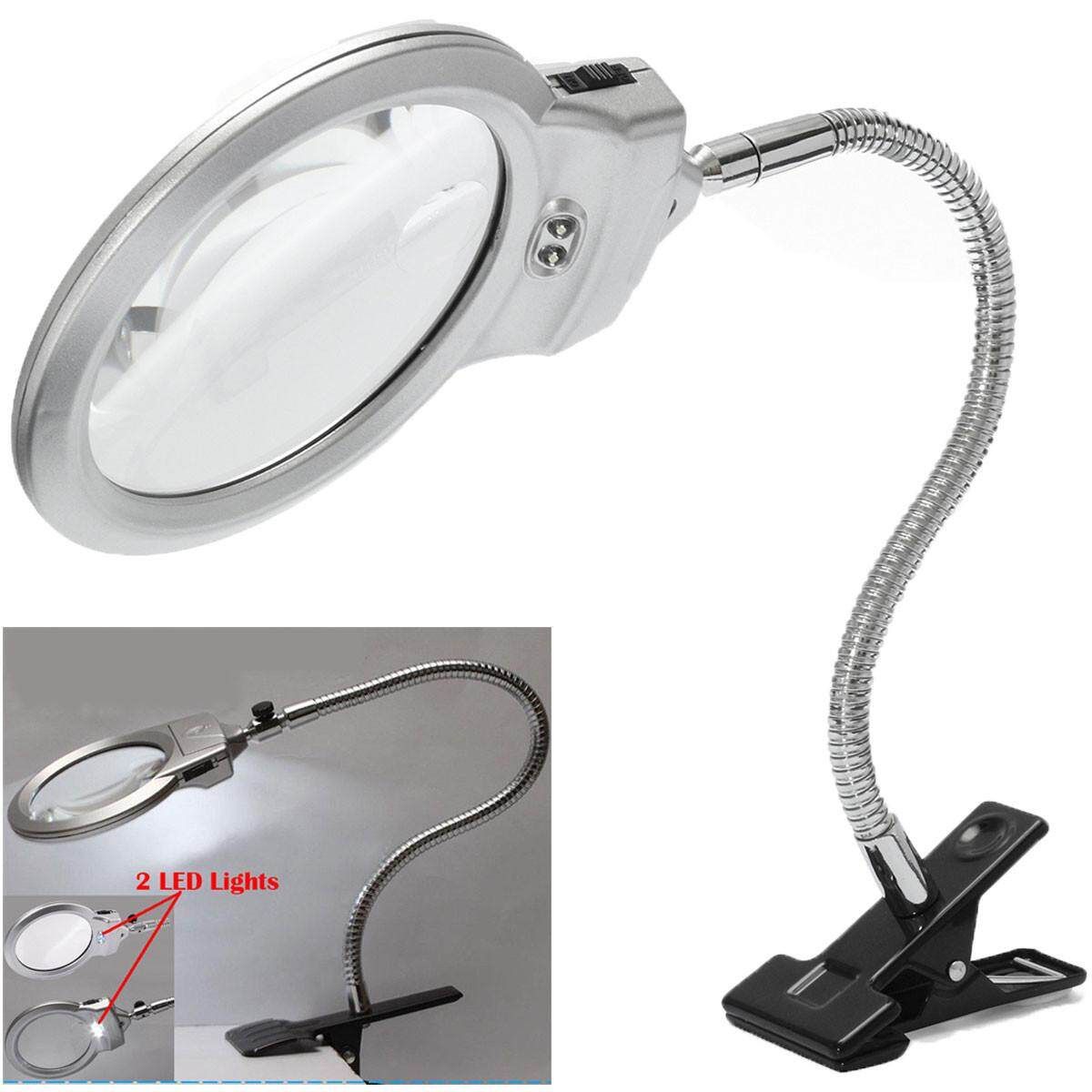 2 X Large Lens Lighted Lamp Top Desk Magnifier Magnifying Glass With Clamp LED Light
