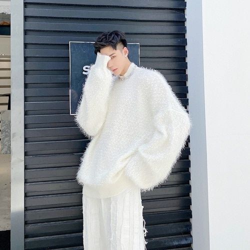 Men Long Hair Thick Loose Casual Pullover Sweater Male-MY33 White