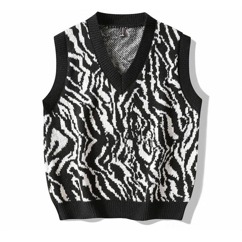 Men Knit Sleeveless Vest Fashion Men's Oversize Knitted Pullover V-Black