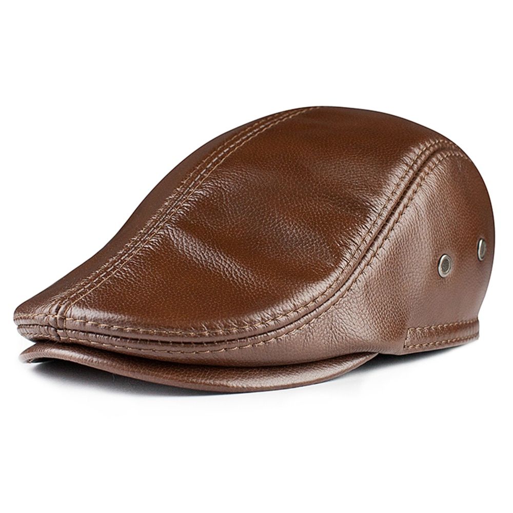 Cowskin Mens Beret Real Leather Flat Cap Brown Earflaps Warm Autumn Winter