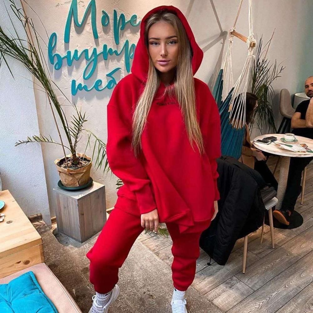 (RED)2021 Sport Wear Hoodies Women Streetwear Two Piece Set Tracksuit Outerwear Pullover Suits Fashion Outfits Ropa Mujer Invierno GRE