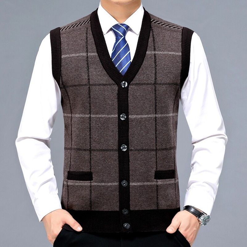 Men Wool Vest Ons Down Knit Sleeveless Cardigan Jacket Pockets Thick-Auburn