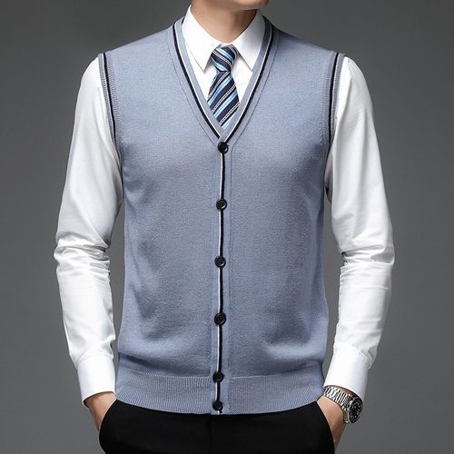 Autumn Men's Business Casual Knitted Vest Classic Style Color Contrast Wool