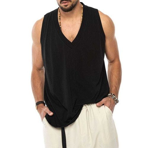 Men's New Sleeveless Vest Casual Solid Color Cotton Linen T-Shirt-black