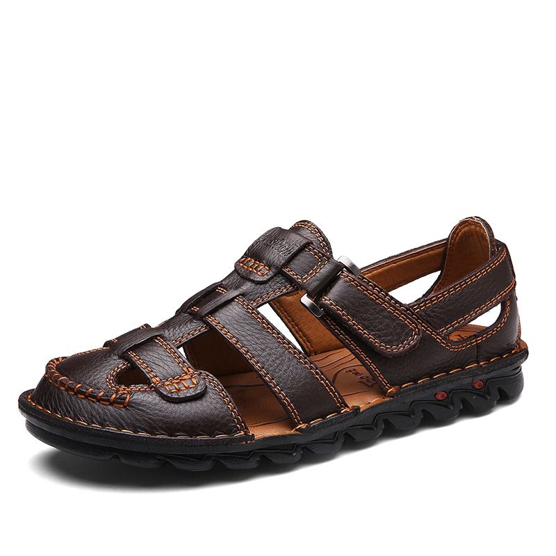 2020 Mens Fashion Slippers Sandals Leather Slippers -Brown