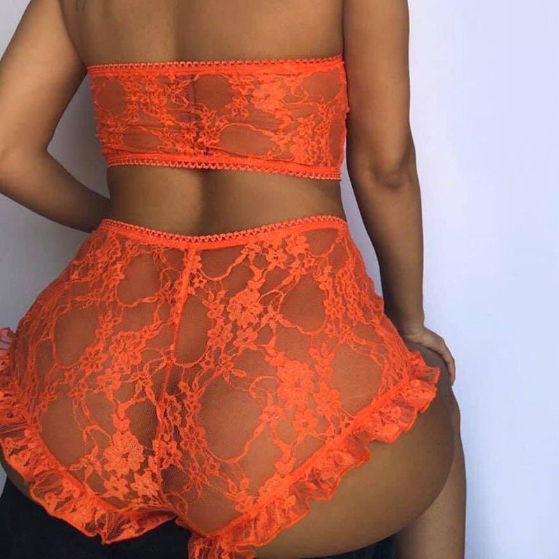 BKLD 2019 New Fashion Lace Sets Short Sheer Sexy Mesh Two Piece Sets Women Off Shoulder Crop Tops And Ruffle Shorts Suits Ladies（#orange）