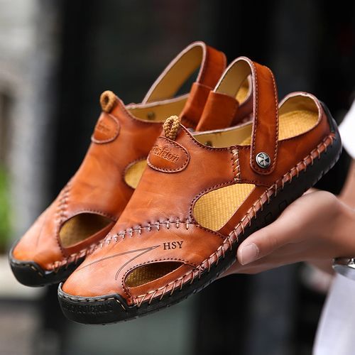 Hot Classic Summer Men's Sandals Big Size 38-48 Full Grain Calf Leather Soft Breathable Slides Shoes Designer Beach Roman Sandals Men Slippers Brown