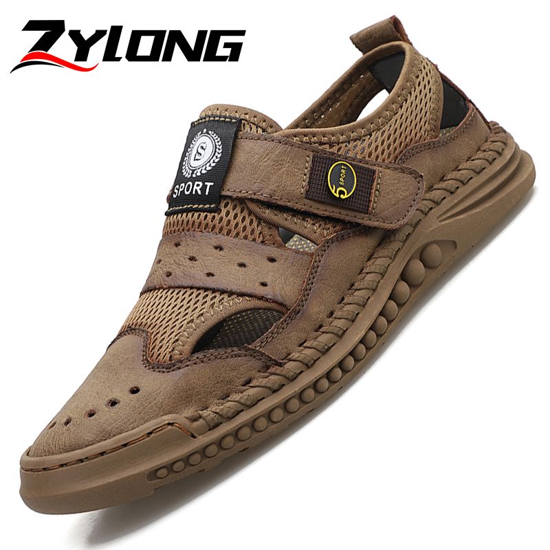 Exquisite Handmade Sandals Men Shoes Big Size 39-46 High Quality Full Grain Calf Leather+Mesh Sandals Male Climbing Quick-dry Water Shoes Coffee