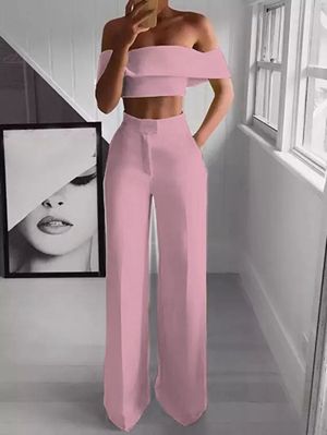 STYLISH Lady Neon Green 2 Piece Set Women Solid Off The Shoulder Crop Top And Wide Leg Pants 2019 Sexy Summer Two Piece Outfits（#Pink）