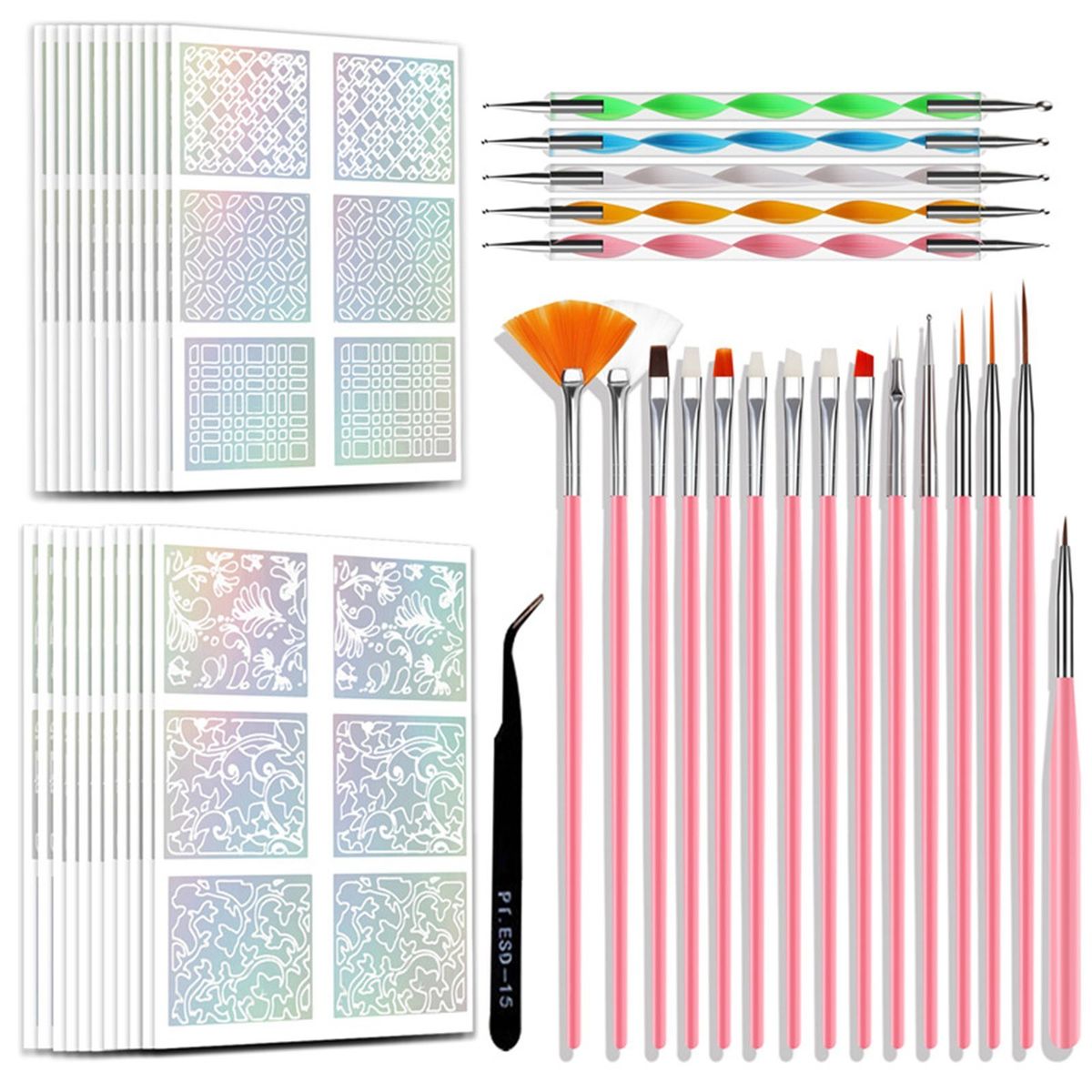 Nail Brushes Set With Nail Stickers Nail Dotting Pens Pick Up Tweezers Nail Art DIY Nail Tool Kit For Beginners