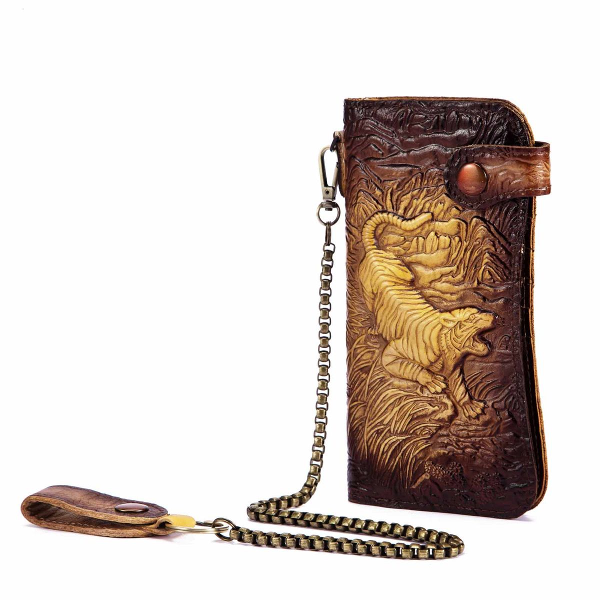 Luxury Famous Brand Male Natural Leather Design Dragon Emboss Checkbook Iron Chain Organizer Wallet Purse Clutch Handbag 1088 Color Gold-tiger JIE