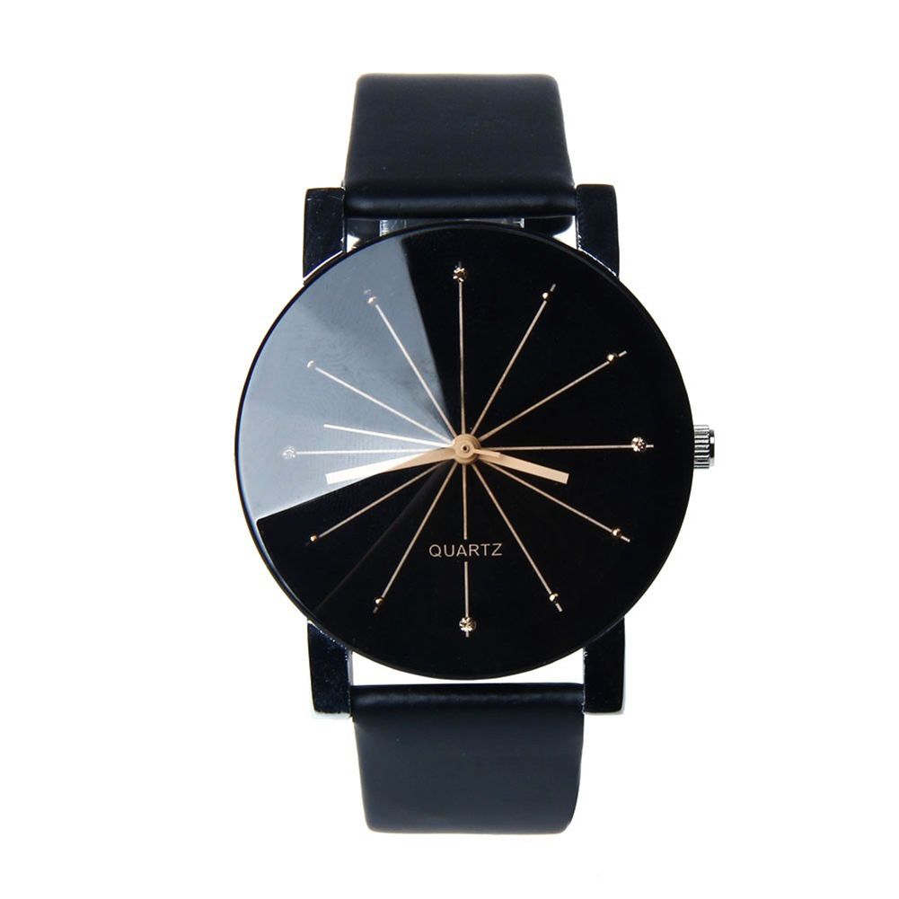 Men Women Faux Leather Band Wristwatch Round Pointer-Black