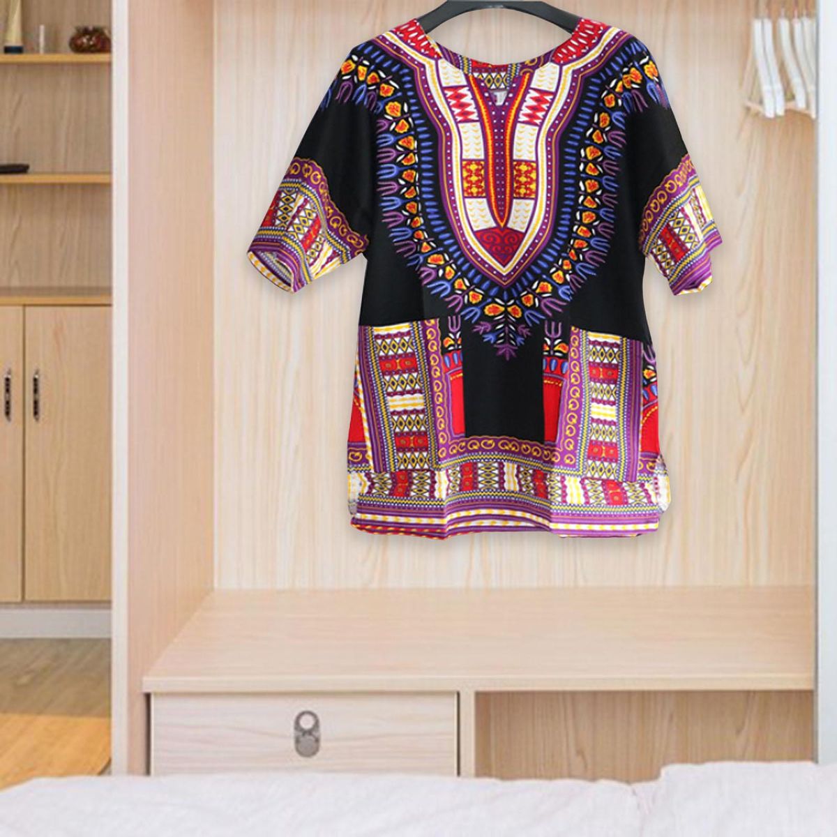 African Dashiki Shirt Top Unisex  Bright Color One Size  Black
