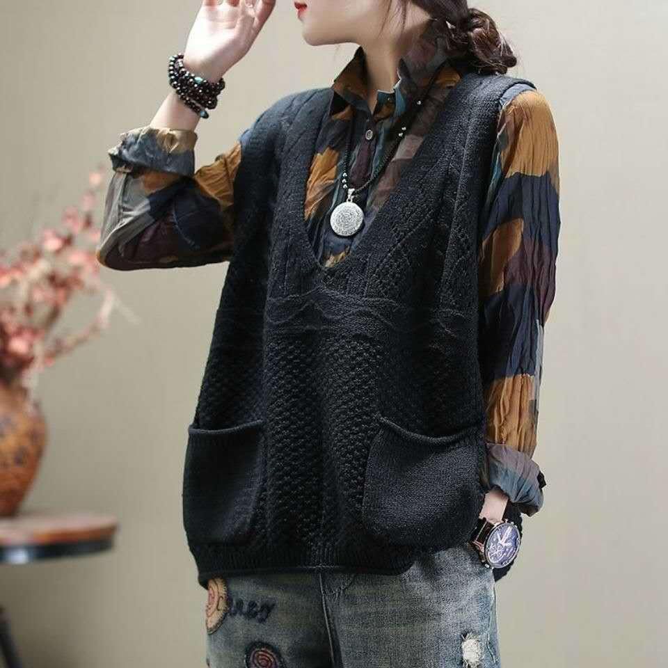 V -neck sweater for women, leisure vest with large 3xl size pockets, ahuedado that combines with everything, elegant, retro, loose, Korean style, new