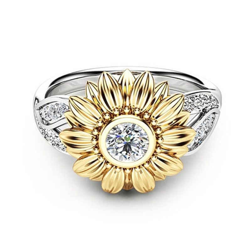 Female Cute Sunflower Crystal Rings For Women, Ring Size:11(White)