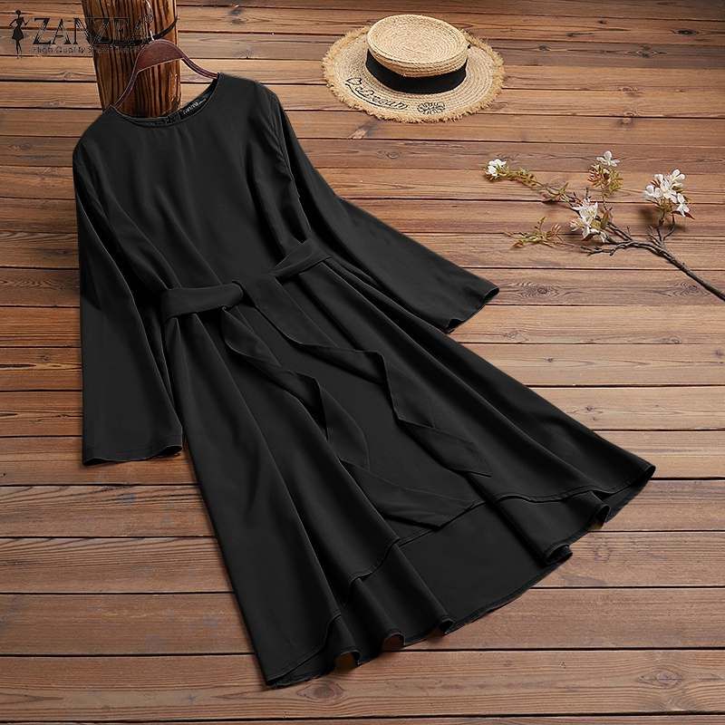 ZANZEA Spring Women Muslim Full Sleeve Chemise Blouse O-Neck Solid-black