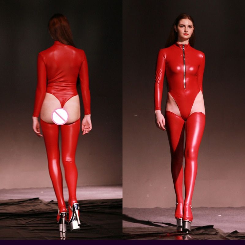 Turtle Neck Button Open Crotch Long Sleeve Bodysuit Latex Leathe Glitter Sexy Black Bodysuits Catsuit One Piece Body Suit Teddy(#yellow)