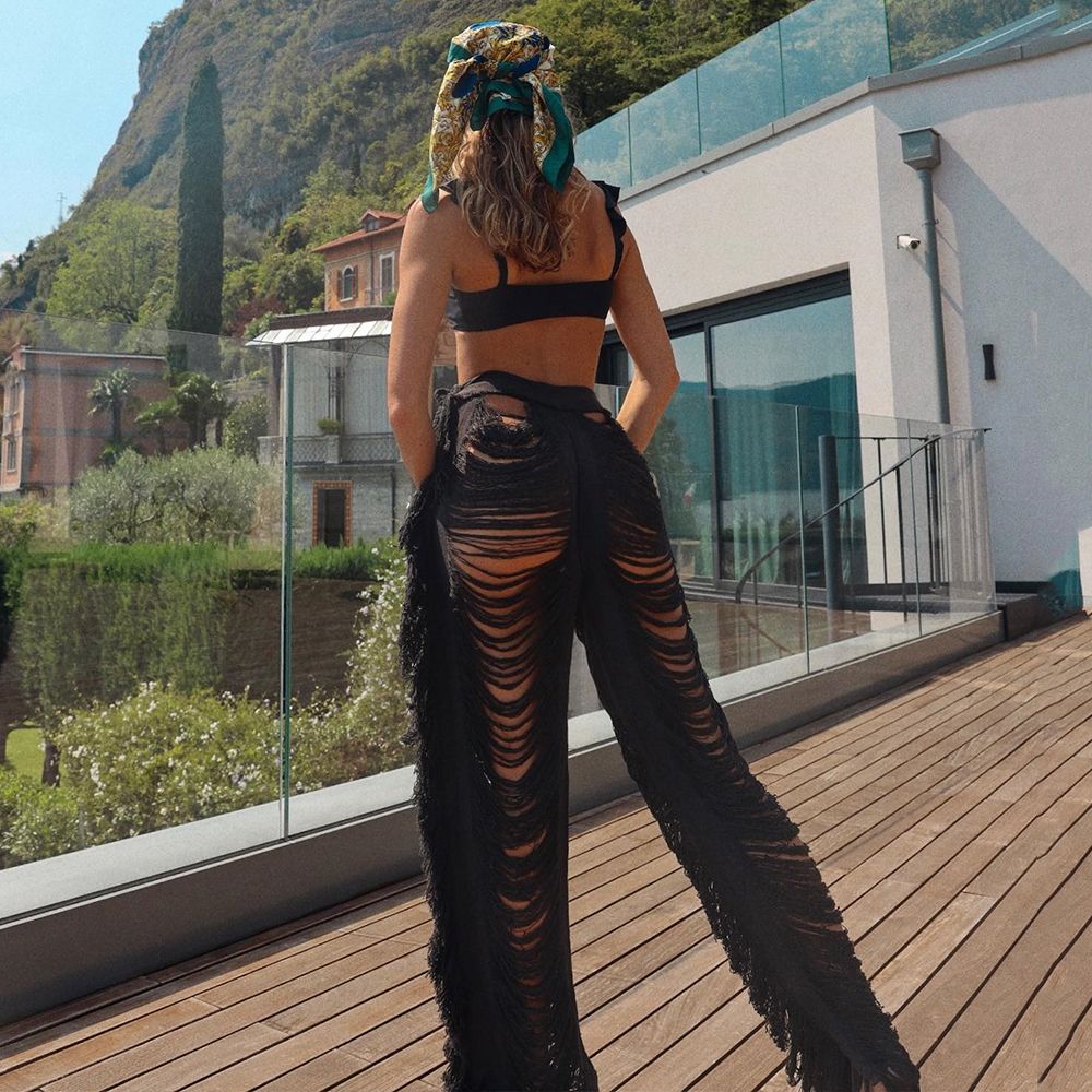 (SYP220302D1)2023 Sexy Bikinis Cover-ups Beach Solid Knitted See Through Straight Pants Tassel Hollow Out High-Waist Bottoms Streetwear SMA